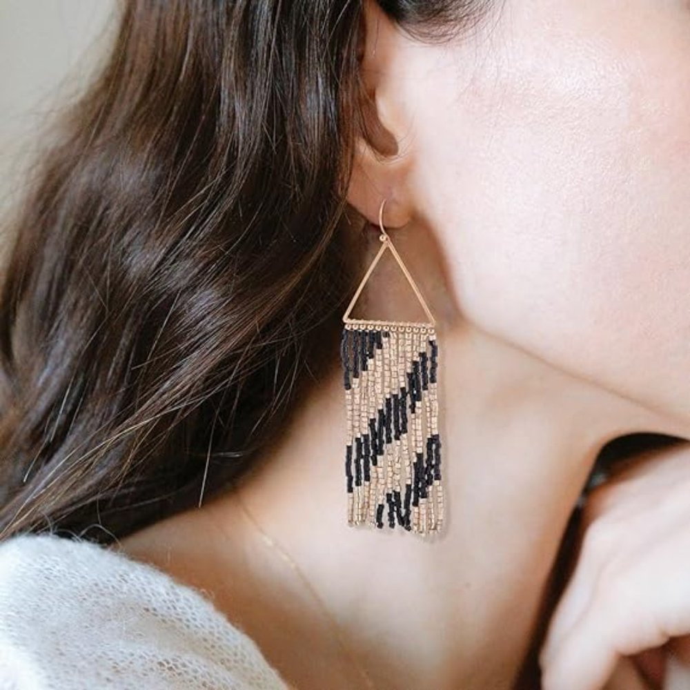 Long Triangle Beaded Fringe Earrings Black Gold Diagonal Striped Geometric New